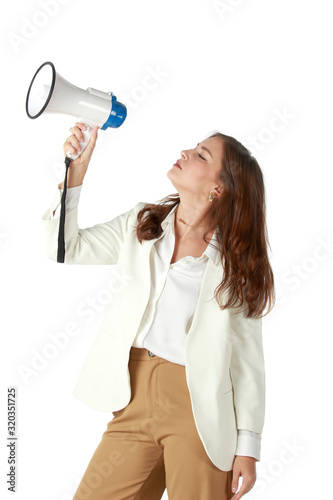 Portrait of young beautiful woman holding megaphone isolated on white background, communication and announcement concept.