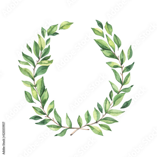 Watercolor botanical illustration. Greenery Laurel wreath clipart. Spring wreath with fresh green leaves and branches. Perfect for wedding invitations, greeting cards, blogs, posters, postcards
