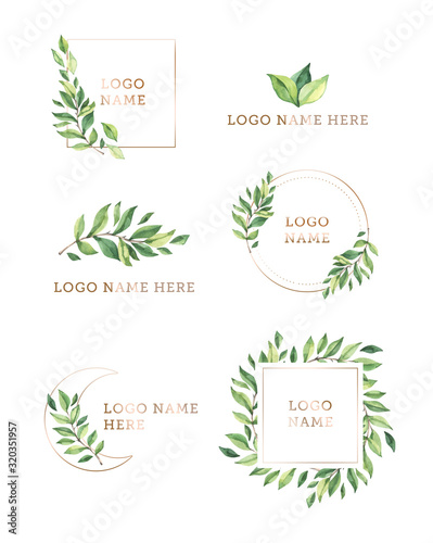 Watercolor Greenery illustrations for your branding. Green branches clipart. Logo with fresh green leaves and branches. Perfect for wedding invitations  greeting cards  blogs  posters  postcards