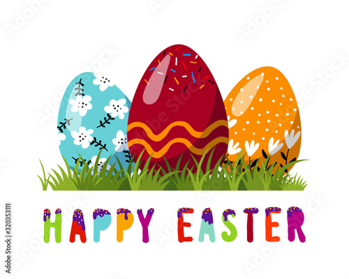Set of bright decorated easter eggs on the grass. Chocolate egg. Christ is risen. Set of design elements for cards, invitations, banner. Vector illustration.