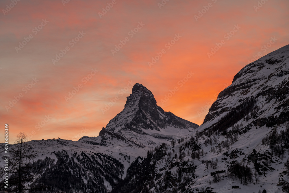 Scenery sunset view on snowy Matterhorn (Cervin, Cervino) peak with blue and pink sky, pine trees and clouds in background. Panoramic winter landscape in white and blue colors, Zermatt, Switzerland