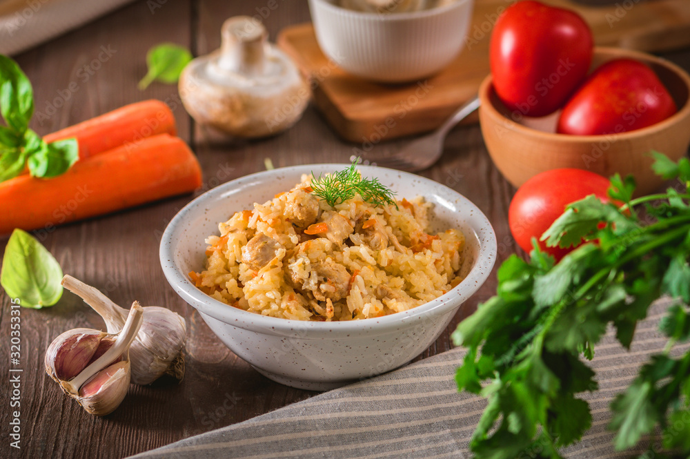 Rice pilaf with chicken meat and vegetables Rice pilaf with chicken meat and vegetables