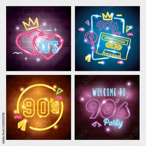 set of labels retro style neon light vector illustration design
