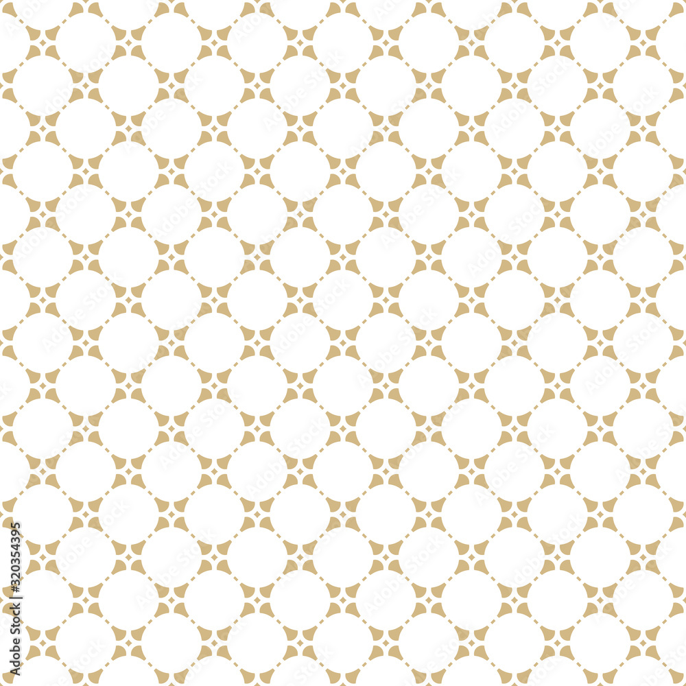 Naklejka premium Golden abstract geometric ornament in Arabian style. Luxury vector seamless pattern. Simple floral background. Elegant white and gold graphic texture with round grid, repeat tiles. Premium design