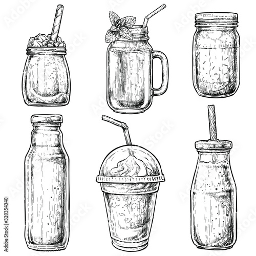 Hand drawn bottles and containers for smoothies. Fresh beverage for healthy life, diets. Vector illustration for greeting cards, magazine, cafe and restaurant menu