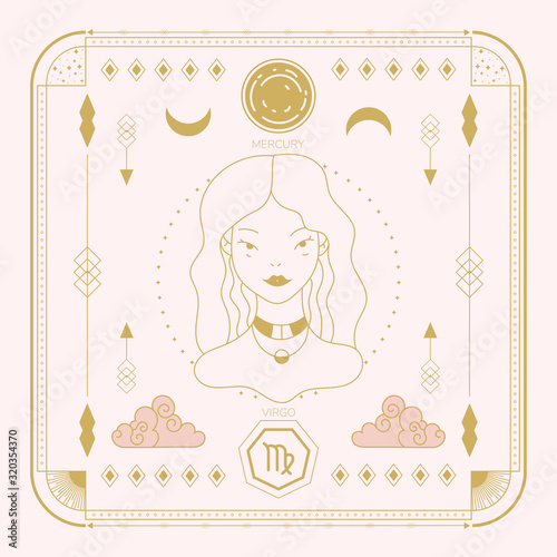 Zodiac sign - Virgo and its planet ruler Mercury. Thin linear vector design.