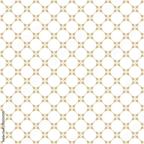Golden abstract geometric ornament in Arabian style. Luxury vector seamless pattern. Simple floral background. Elegant white and gold graphic texture with round grid  repeat tiles. Premium design