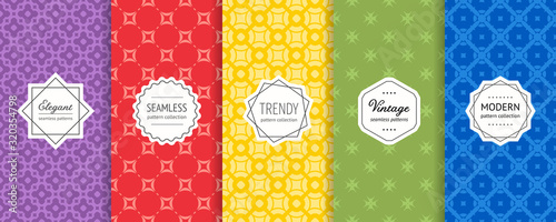 Vector colorful geometric seamless pattern collection. Set of background swatches with elegant modern labels. Cute abstract minimal floral textures. Design in purple, green, yellow, red, blue color