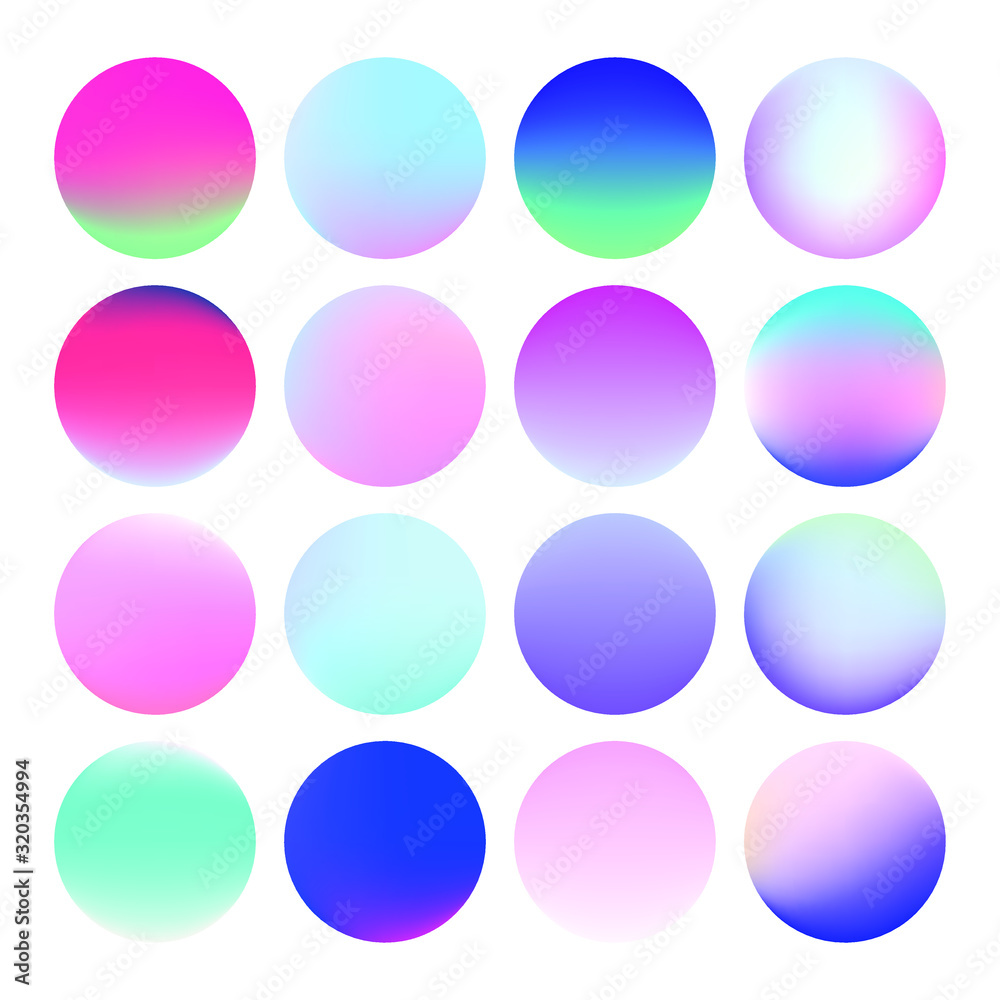 Set of vibrant gradient spheres or circles on white background. 