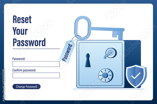 Strongbox with closed door. Reset password landing page. Big key key is on the safe. Security shield.