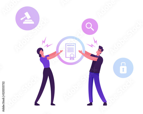 Angry Man and Woman Inventors or Authors Pulling Patent Law Certificate Having Fight for Copyright Production Authorship. Gavel, Magnifier and Padlock Icons around. Cartoon Flat Vector Illustration
