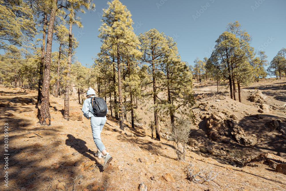 Young woman dressed casually walking with backpack in the forest highly in the mountains on the volcanic rocks, traveling on Tenerife island, Spain