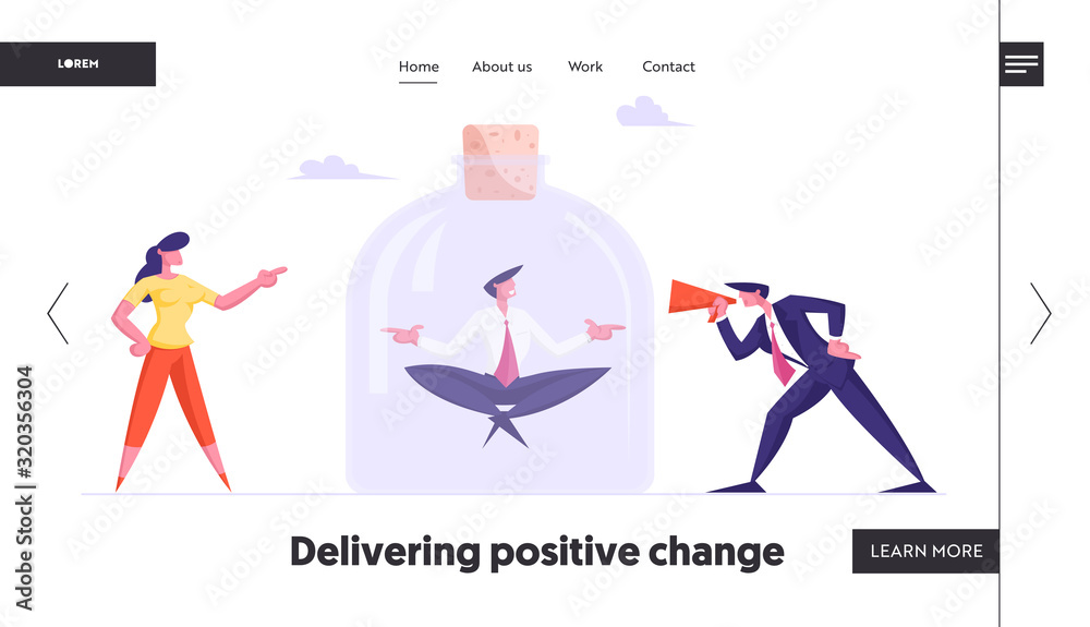 Businessman Calm in Stress Situation Website Landing Page. Angry Businesspeople Yelling to Megaphone at Office Worker Sitting in Lotus Posture in Jar Web Page Banner. Cartoon Flat Vector Illustration Businessman Calm in Stress Situation Website Landing Page. Angry Businesspeople Yelling to Megaphone at Office Worker Sitting in Lotus Posture in Jar Web Page Banner. Cartoon Flat Vector Illustration