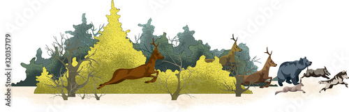 Vector image of a forest and running animals from it. Concept of global deforestation and forest fire problems