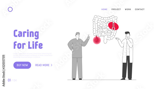 Abdominal Pain, Gastrointestinal Disease Website Landing Page. Doctor and Surgeon Stand at Human Intestines with Sore Appendix Infographics Web Page Banner. Cartoon Flat Vector Illustration, Line Art