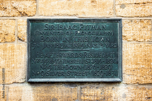 Isaac Pitman memorial plaque on the wall of the Trowbridge Town hall