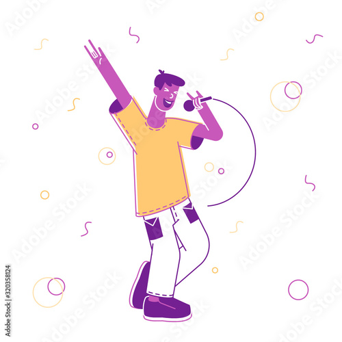Happy Man Having Fun Singing at Karaoke Bar or Night Club. Male Character with Great Mood Having Party Performing Song at Birthday or Event Celebration. Cartoon Flat Vector Illustration, Line Art