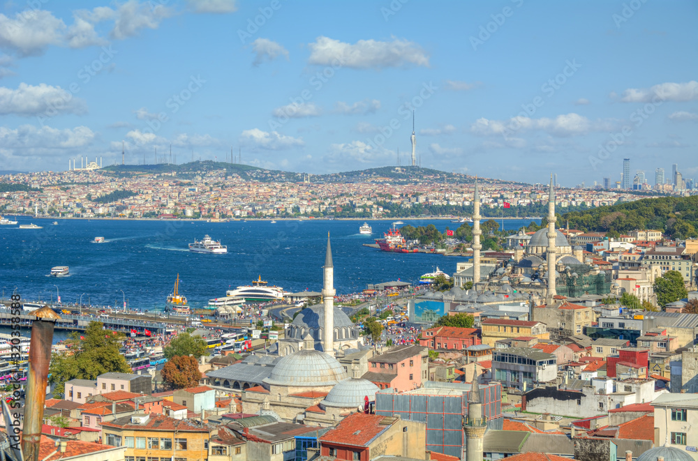 Impressive views: panorama of picturesque Istanbul. Mosques, houses, Istanbul, Turkey.