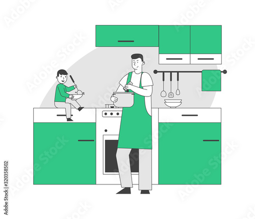 Happy Family Routine Concept. Single Father Cooking Dinner on Kitchen together Little Baby Son Sitting at Table Helping. Weekend Sparetime Leisure and Duties Cartoon Flat Vector Illustration, Line Art