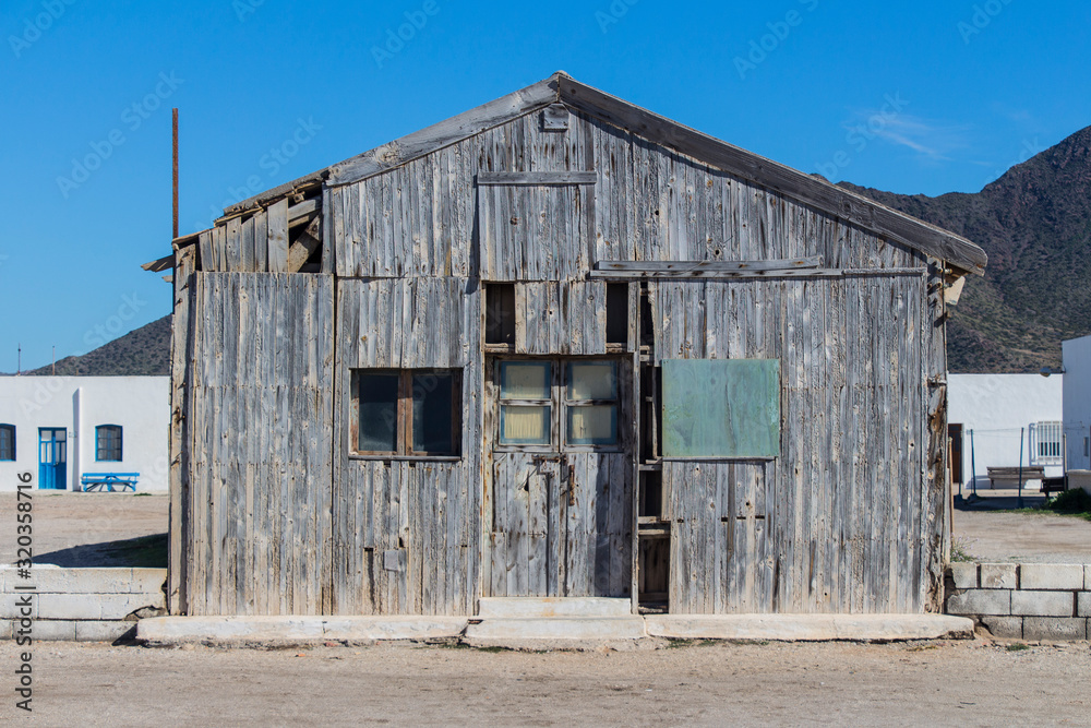 old wooden warehouse, front view of old wooden warehouse, warehouses in the salt pans of the Natural Park of Cabo de Gata