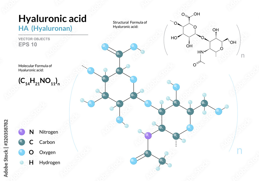 Hyaluronic acid. HA Hyaluronan. Structural chemical formula and