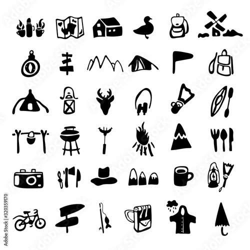 Vector camping icons set for maps, websites and print. Travel images in doodle style. Eco frienly and ethic tourism. Fishing, kayaking, tracking - a school of survival in the wild.