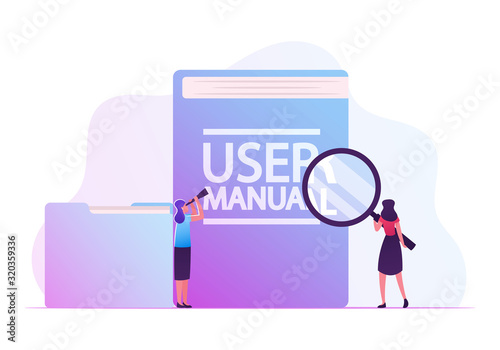 User Manual, Guide Book or Technical Instruction Concept. Tiny Girls Looking through Magnifying Glass and Spyglass on Huge Handbook with Guidance and Users Tutorials Cartoon Flat Vector Illustration