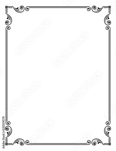 Decorative black rectangular frame. Ornate corners. Letter sizes.