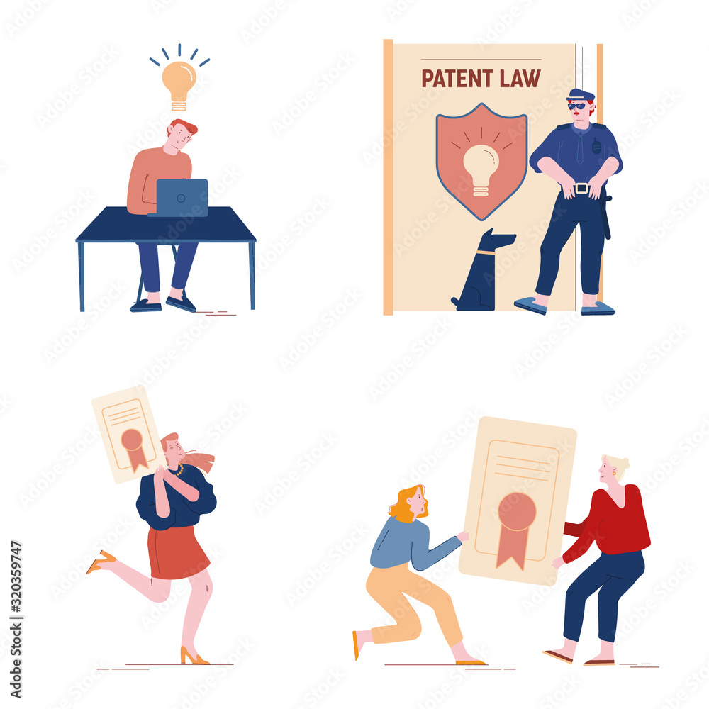 Patent Law Set with People Authors Create Mental Products and Protecting their Rights for Authorship. Safeguard with Dog Stand near Huge Book with Shield and Lamp Icon Cartoon Flat Vector Illustration