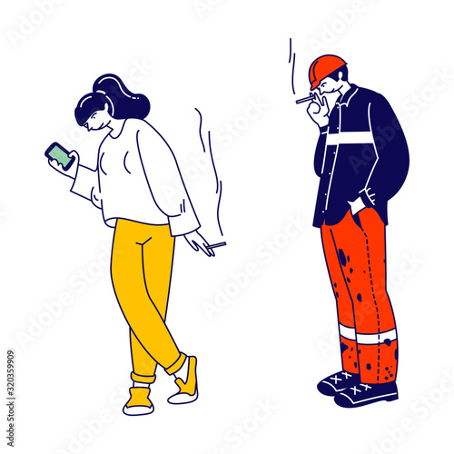 Unhealthy Habit, Smoking Nicotine Tobacco Addiction Concept. Male Character in Worker Robe and Office Woman Smoking Cigarettes, Pleasure of Smoker Lifestyle. Cartoon Flat Vector Illustration, Line Art