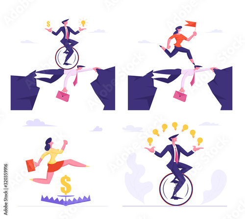 Set of Businesspeople Overcome Difficulties Male and Female Characters Crossing Abyss over Head of Colleague, Jump over Trap, Riding Monowheel Bike on White Background Cartoon Flat Vector Illustration