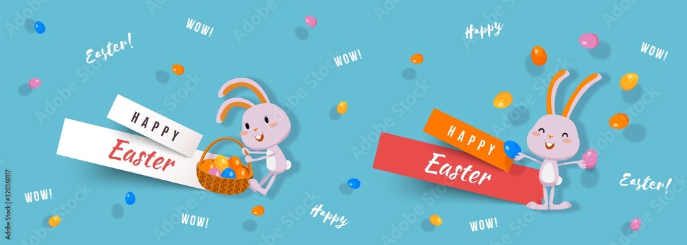 Happy Easter set of paper cut banners with cute bunnies and Easter eggs. Isolated vector clip art with amusing rabbits for festive design and advertising