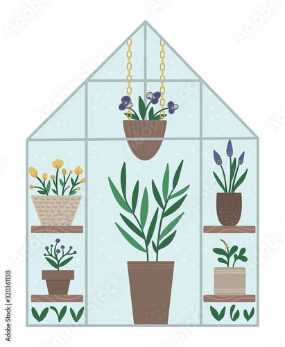 Vector greenhouse with plants in pots and flowers. Flat hot house illustration isolated on white background. Front view greenroom picture. Spring garden illustration..