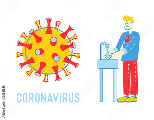 Precautionary Hygienic Measures for Coronavirus Protection Concept. Man Washing Hands in Bathroom with Huge Ncov Cell nearby, Poster Banner Flyer Brochure. Cartoon Flat Vector Illustration, Line Art