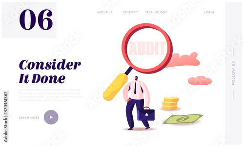 Business Audit Investigation Website Landing Page. Businessman with Magnifying Glass Research Income Statement, Make Database Financial Planning Report Web Page Banner Cartoon Flat Vector Illustration