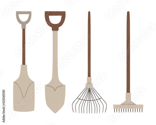 Vector set of colored garden tools. Collection of gardening equipment. Flat spring illustration of spade, shovel, rakes isolated on white background. .