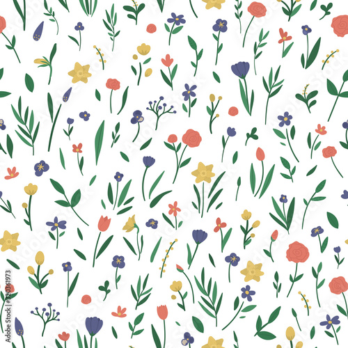 Vector seamless pattern with different flower elements. Garden repeating background with decorative plants. Texture with spring and summer herbs and flowers..