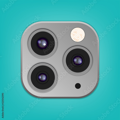 Realistic camera lenses 3D icon isolated on clear turquoise ambient background. Vector Illustration