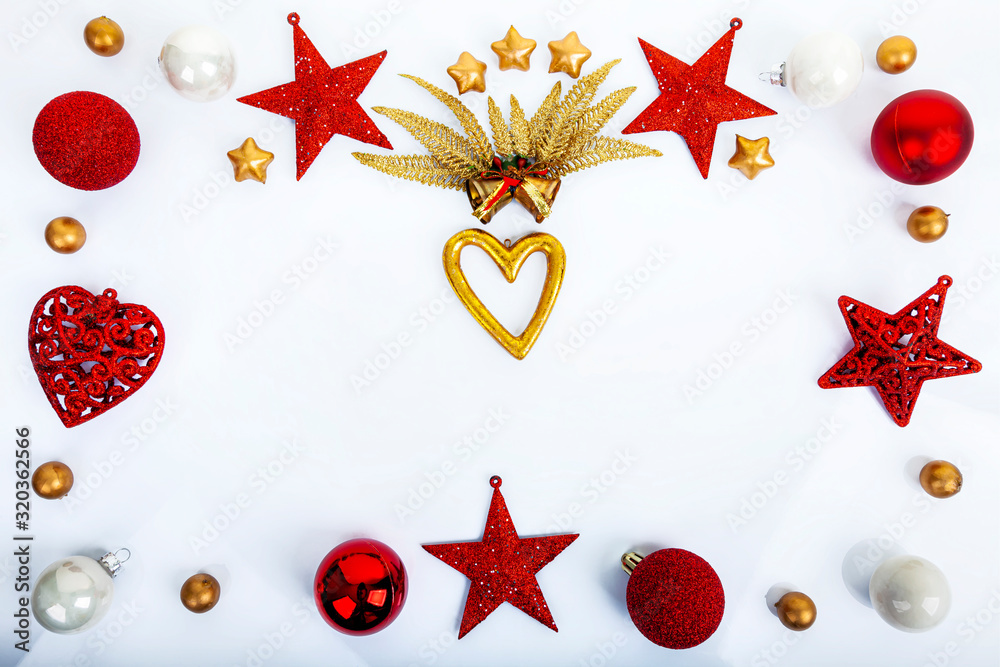 Christmas decorations, balls, stars, bells, gold heart and gold leafs.