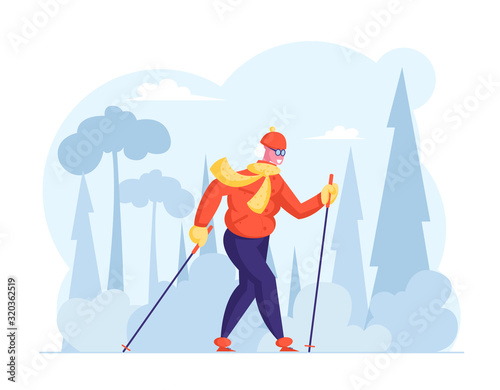 Senior Female Character Exercising with Scandinavian Walking Sticks. Happy Pensioner Woman Healthy Lifestyle and Outdoors Sport. Aged Lady Sports Activity Routing Cartoon Flat Vector Illustration