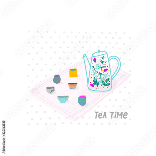 Tea ceremony illustration bowl cup hand drawn set