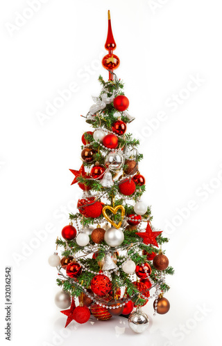 Obraz na płótnie Christmas tree decorated with balls, stars and other decorations, on a white background. w salonie