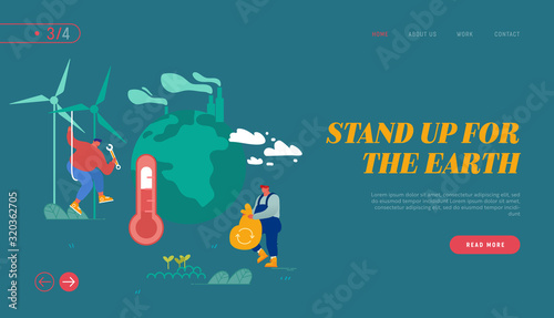 Global Warming Website Landing Page. Man Collect Garbage, Worker Set Up Windmills. People Care of Plants and Earth, Factory Pipes Emitting Co2 Smoke Web Page Banner. Cartoon Flat Vector Illustration