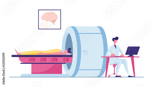 Doctor Looking at Results of Patient Brain Scan on Computer Monitor Screen in Front of Mri Machine with Man Lying Down. Health Care Check Up in Hospital, Scanning Cartoon Flat Vector Illustration
