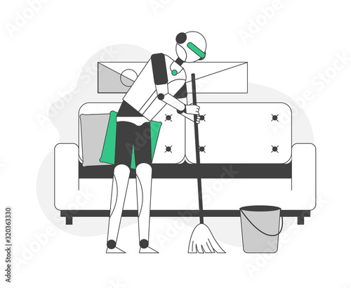 Cyborg Cleaner Sweeping Floor. Artificial Intelligence Helping in Housekeeping Domestic Chores and Housework. Electronics for Housewives. Robotics Technology Cartoon Flat Vector Illustration, Line Art