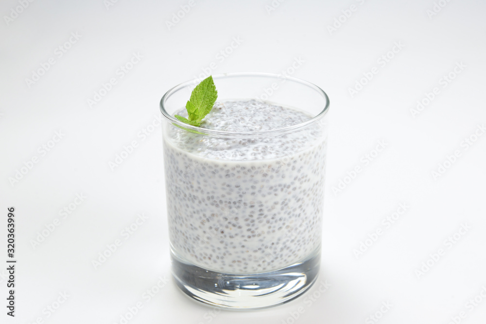 Chia pudding with mint on a white background. Space for text or design. Chia pudding with mint on a white background. Space for text or design.