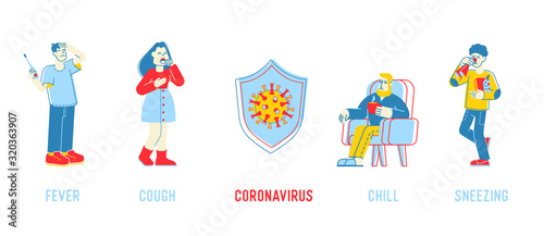 Coronavirus Symptoms Concept. Cough Fever Chill Sneezing Infographics Elements, Human Showing Cov Risk Factors. Health Care Medical Banner Pneumonia Disease. Cartoon Flat Vector Illustration, Line Art