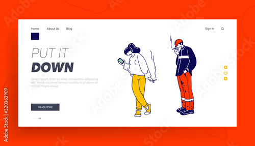 Unhealthy Habit, Smoking Nicotine Tobacco Addiction Website Landing Page. Man in Worker Robe and Woman Smoking Cigarettes, Smoker Lifestyle Web Page Banner. Cartoon Flat Vector Illustration, Line Art