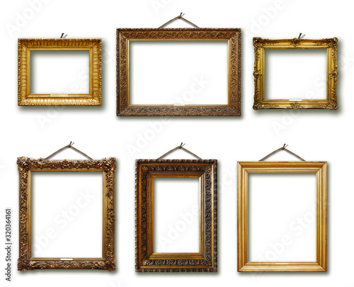 Set of picture gold wooden frame on isolated background photo