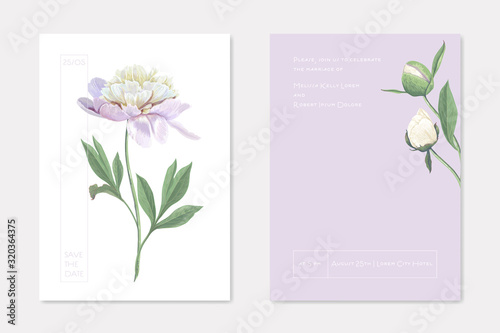 Wedding Invitation Cards with Floral Design Set. White Garden Peony Flowers on Stem with Leaves Decoration. Romantic Frame with Greenery Bouquet, Save the Date Postcard Template Vector Illustration